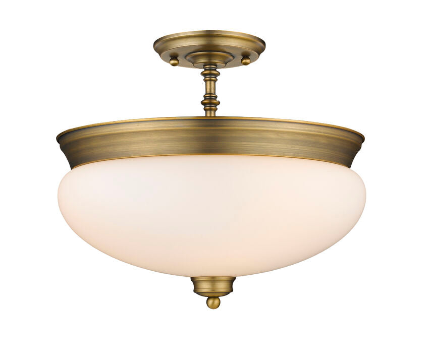 Z-Lite Amon 15" 3-Light Heritage Brass Semi Flush Mount With Matte Opal Glass Shade