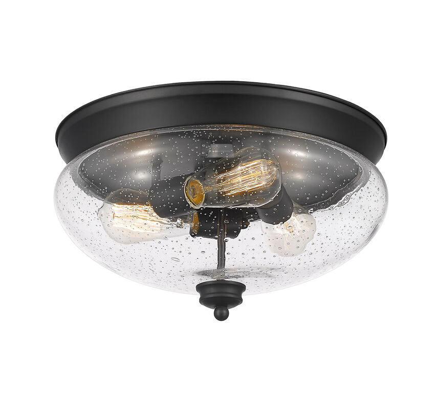 Z-Lite Amon 15" 3-Light Matte Black Flush Mount Lighting With Clear Seedy Glass Shade