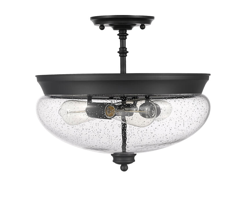 Z-Lite Amon 15" 3-Light Matte Black Semi Flush Mount With Clear Seedy Glass Shade