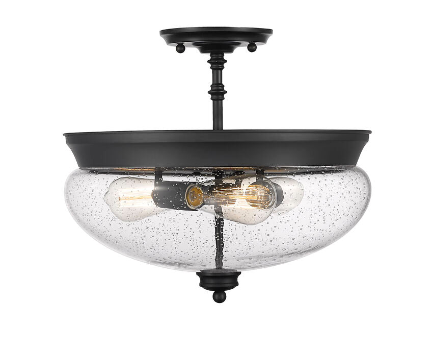 Z-Lite Amon 15" 3-Light Matte Black Semi Flush Mount With Clear Seedy Glass Shade