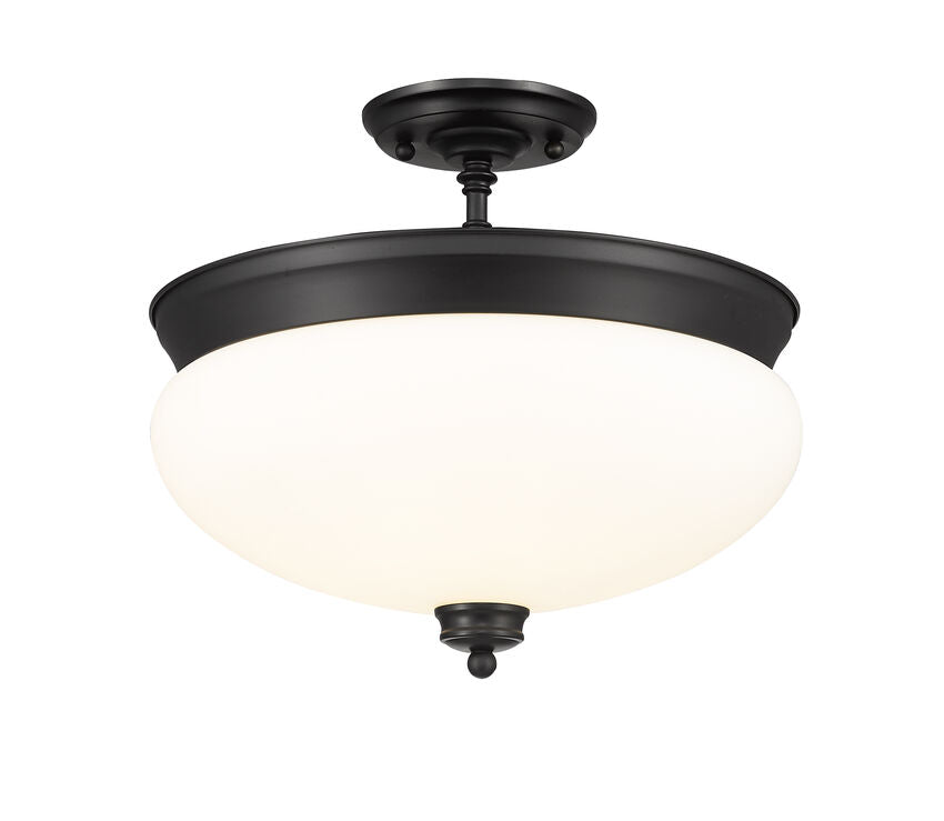 Z-Lite Amon 15" 3-Light Matte Black Semi Flush Mount With Matte Opal Glass Shade