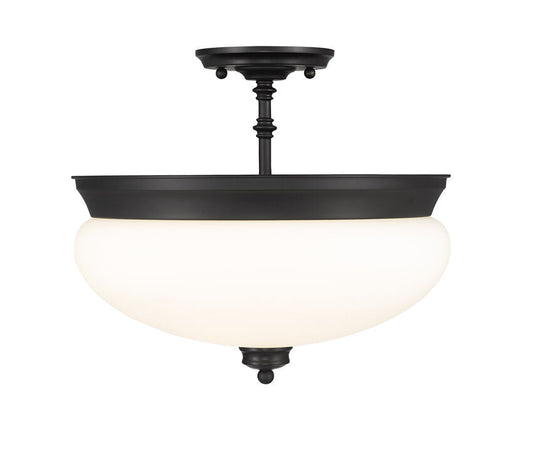 Z-Lite Amon 15" 3-Light Matte Black Semi Flush Mount With Matte Opal Glass Shade