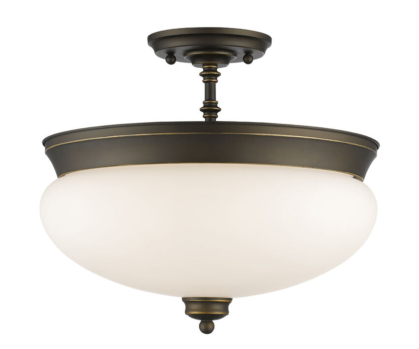 Z-Lite Amon 15" 3-Light Olde Bronze Semi Flush Mount With Matte Opal Glass Shade