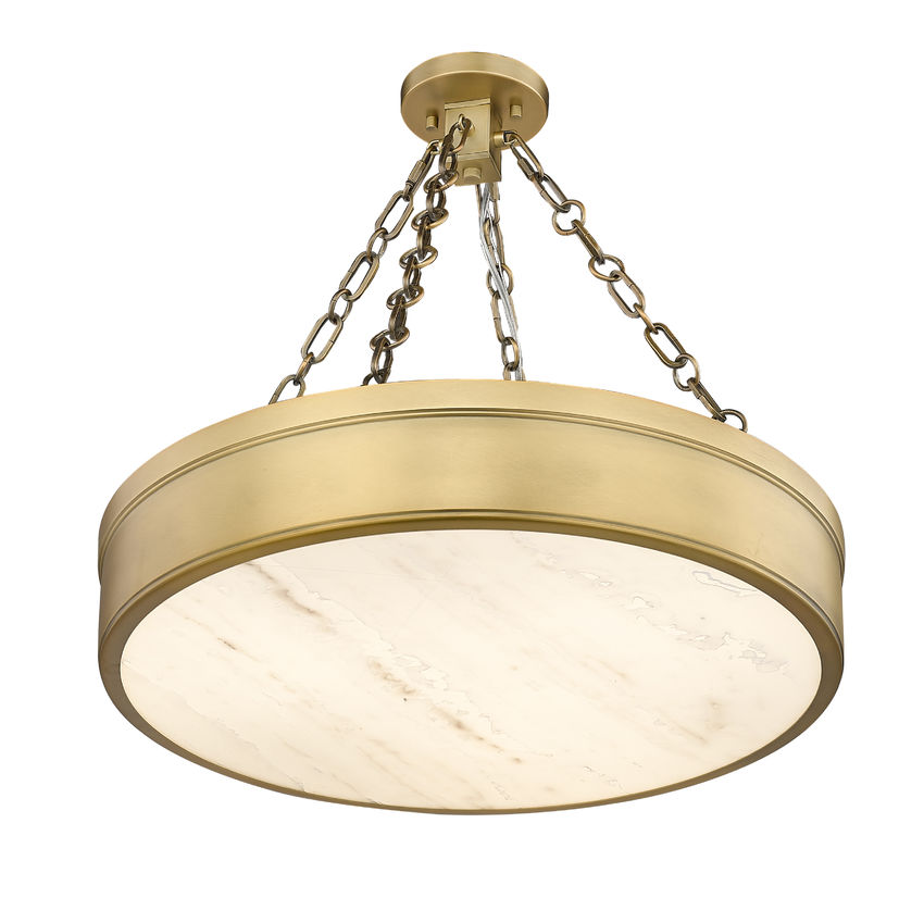 Z-Lite Anders 22" 3-Light LED Rubbed Brass Steel and Marbling Parian Shade Semi Flush Mount
