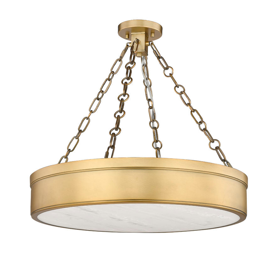 Z-Lite Anders 22" 3-Light LED Rubbed Brass Steel and Marbling Parian Shade Semi Flush Mount