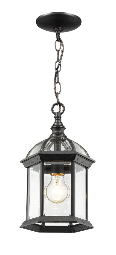 Z-Lite Annex 8" 1-Light Black Aluminum Outdoor Chain Mount Ceiling Fixture With Clear Beveled Glass Shade