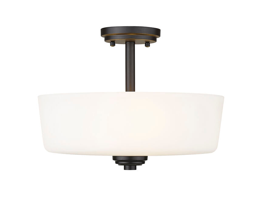 Z-Lite Arlington 15" 3-Light Medium Bulb Base Bronze Steel Matte Opal Glass Shade Semi Flush Mount Lighting