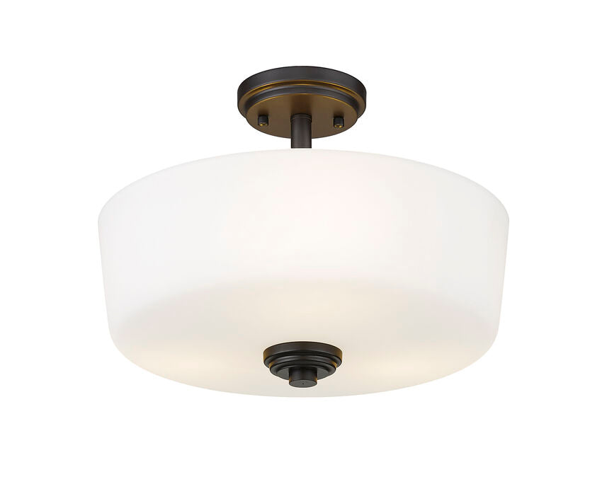 Z-Lite Arlington 15" 3-Light Medium Bulb Base Bronze Steel Matte Opal Glass Shade Semi Flush Mount Lighting