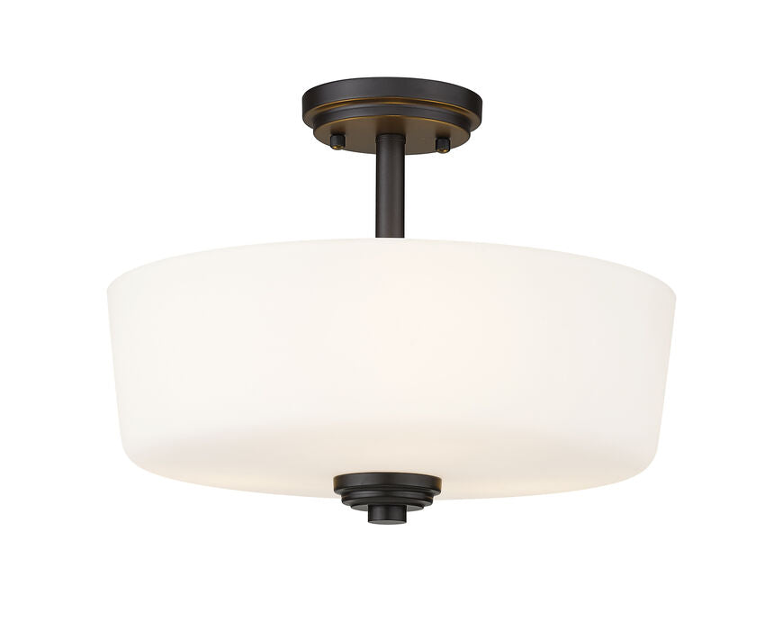 Z-Lite Arlington 15" 3-Light Medium Bulb Base Bronze Steel Matte Opal Glass Shade Semi Flush Mount Lighting
