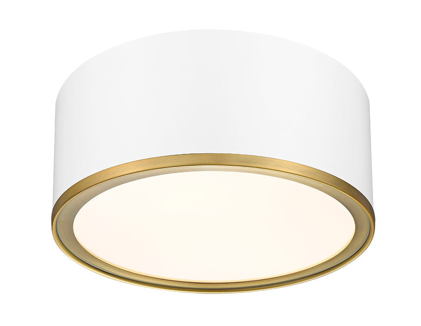 Z-Lite Arlo 13" 2-Light Matte White and Rubbed Brass Steel Flush Mount Lighting