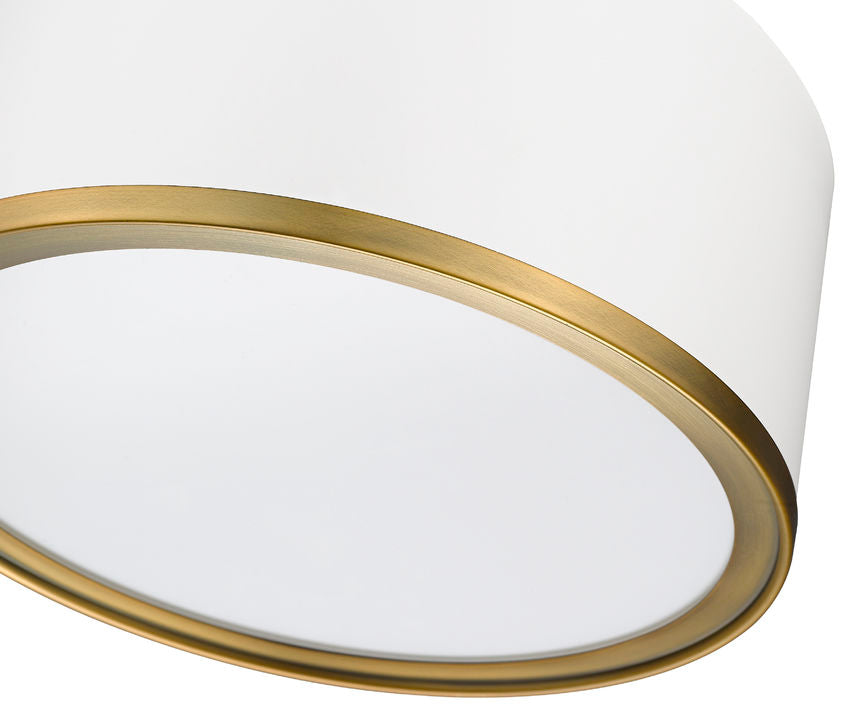 Z-Lite Arlo 13" 2-Light Matte White and Rubbed Brass Steel Flush Mount Lighting