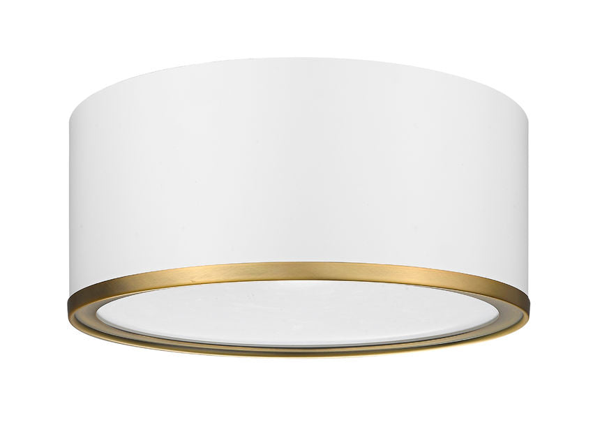 Z-Lite Arlo 13" 2-Light Matte White and Rubbed Brass Steel Flush Mount Lighting