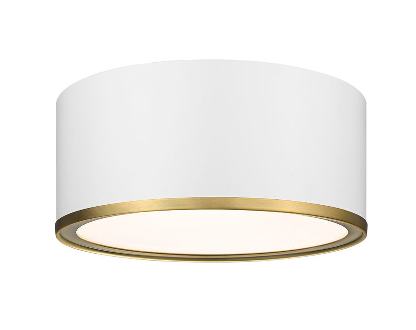 Z-Lite Arlo 13" 2-Light Matte White and Rubbed Brass Steel Flush Mount Lighting