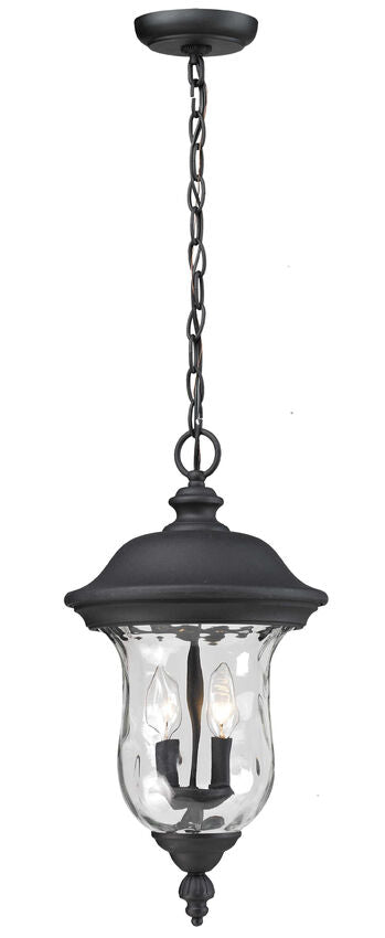 Z-Lite Armstrong 13" 3-Light Black Aluminum Outdoor Chain Mount Ceiling Fixture With Clear Waterglass Shade