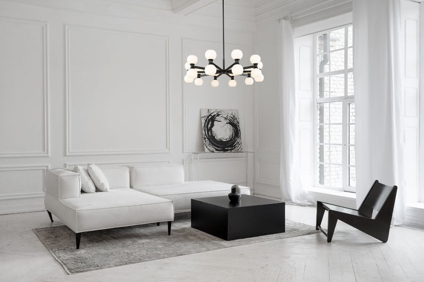 Z-Lite Artemis 42" 20-Light Matte Black Steel and Matte Opal Glass Chandelier