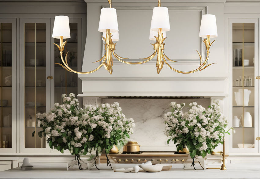 Z-Lite Aslin 20" 6-Light Gold Leaf Steel Frame White Fabric Shade Linear Chandelier
