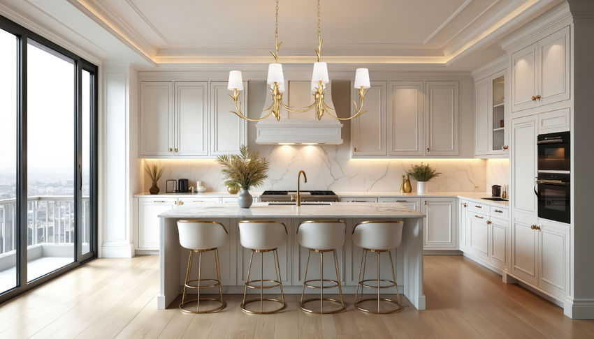 Z-Lite Aslin 20" 6-Light Gold Leaf Steel Frame White Fabric Shade Linear Chandelier