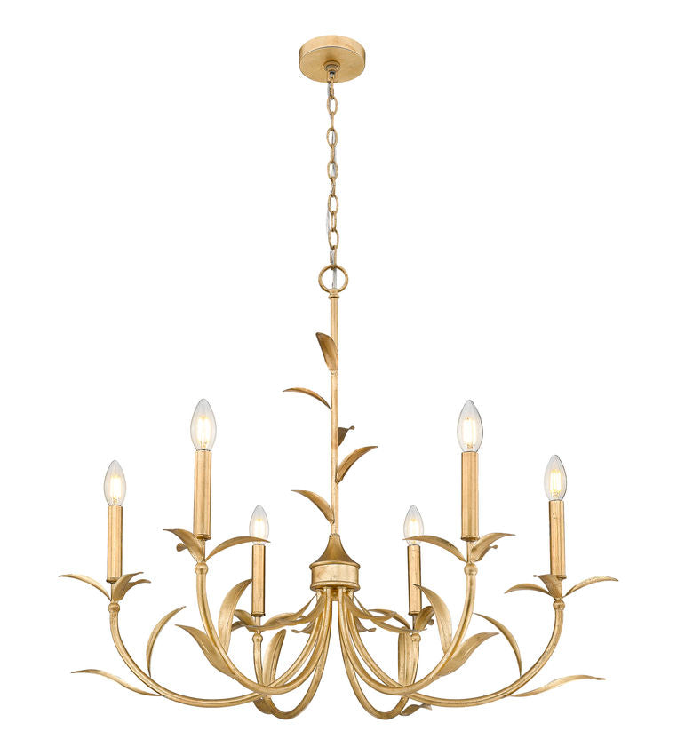 Z-Lite Aslin 31" 6-Light Gold Leaf Steel Frame White Fabric Shade Chandelier