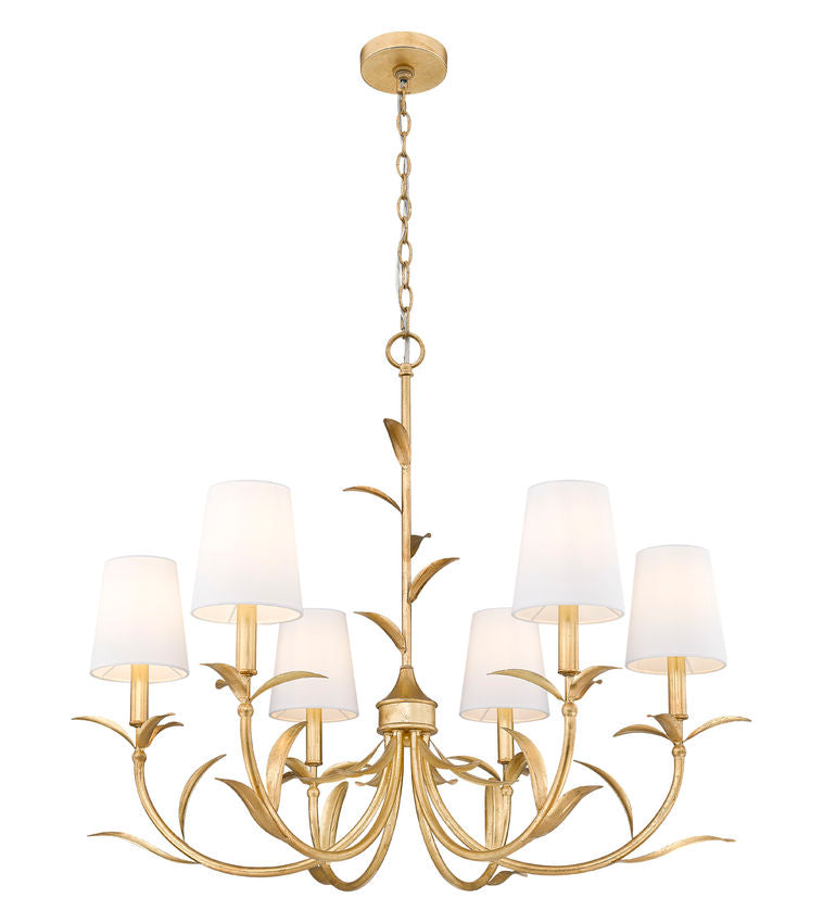 Z-Lite Aslin 31" 6-Light Gold Leaf Steel Frame White Fabric Shade Chandelier