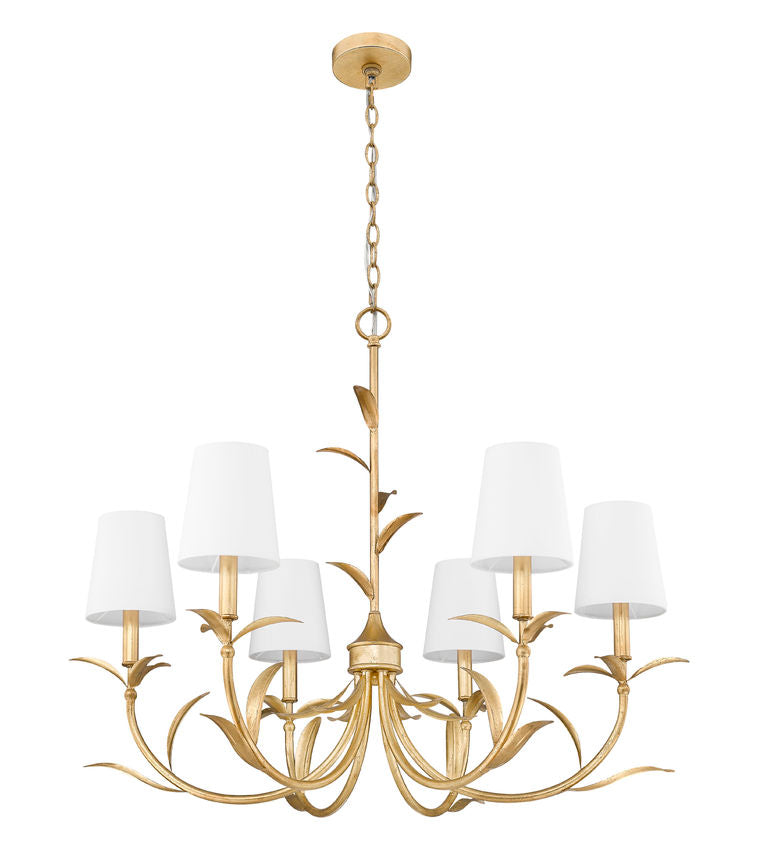 Z-Lite Aslin 31" 6-Light Gold Leaf Steel Frame White Fabric Shade Chandelier