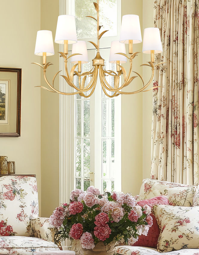 Z-Lite Aslin 31" 6-Light Gold Leaf Steel Frame White Fabric Shade Chandelier