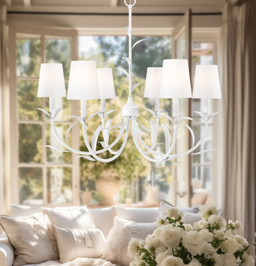 Z-Lite Aslin 31" 6-Light Textured White Steel Frame White Fabric Shade Chandelier
