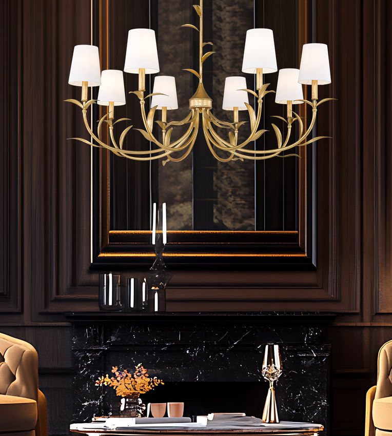 Z-Lite Aslin 42" 8-Light Gold Leaf Steel Frame White Fabric Shade Chandelier