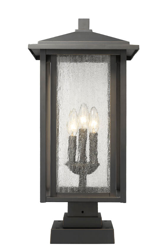 Z-Lite Aspen 11" W x 24" H 3-Light Oil Rubbed Bronze Outdoor Pier Mounted Fixture and Square Pier Mount Hardware With Clear Seedy Glass Shade