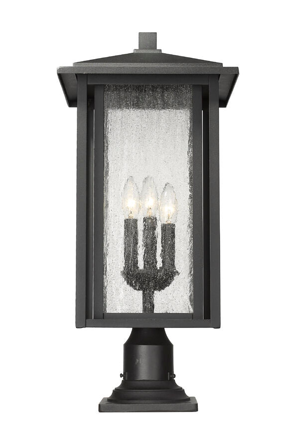 Z-Lite Aspen 11" W x 25" H 3-Light Black Outdoor Pier Mounted Fixture and Square Pier Mount Hardware With Clear Seedy Glass Shade