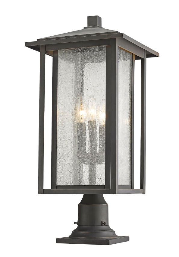 Z-Lite Aspen 11" W x 25" H 3-Light Oil Rubbed Bronze Outdoor Pier Mounted Fixture and Square Pier Mount Hardware With Clear Seedy Glass Shade