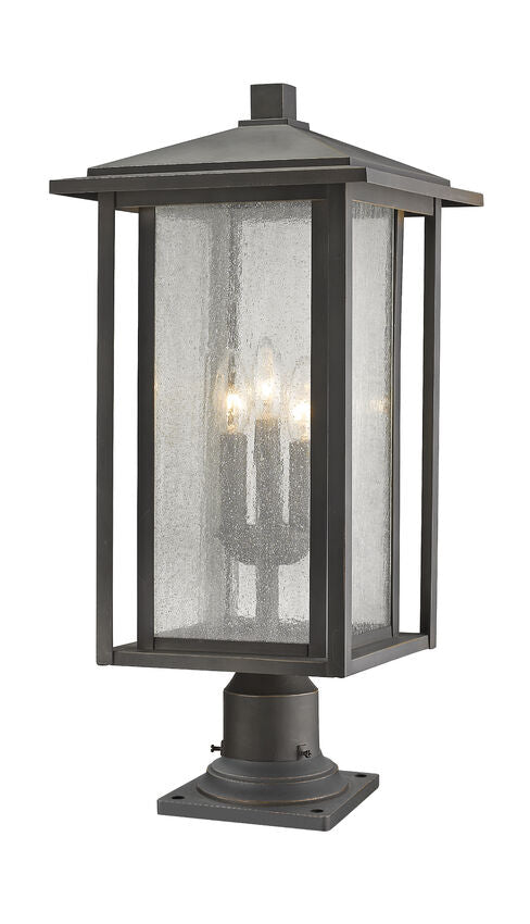 Z-Lite Aspen 11" W x 25" H 3-Light Oil Rubbed Bronze Outdoor Pier Mounted Fixture and Square Pier Mount Hardware With Clear Seedy Glass Shade