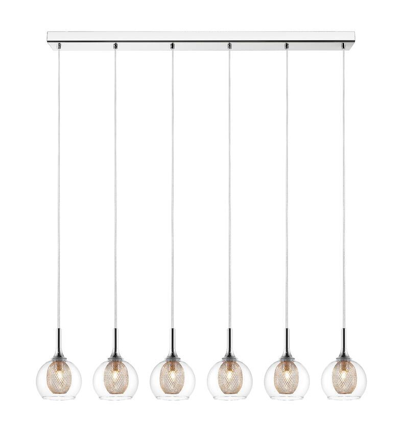 Z-Lite Auge 4" 6-Light Chrome Island Light With Clear Glass and Steel Mesh Shade