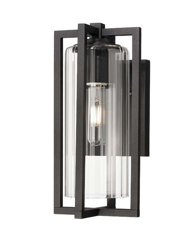 Z-Lite Aura 7" W x 13" H 1-Light Black Aluminum Outdoor Wall Light With Clear Ribbed Glass Shade