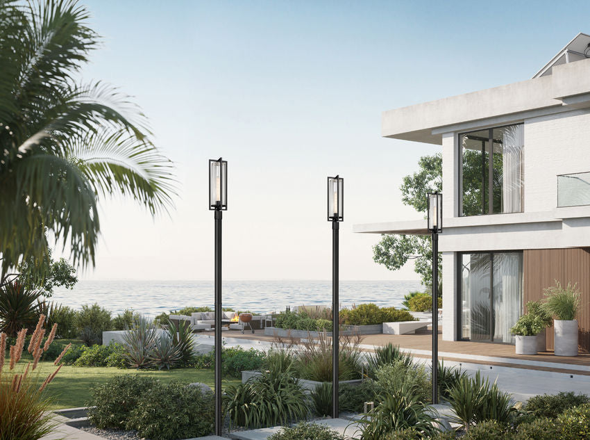 Z-Lite Aura 8" W x 144" H 1-Light Black Aluminum Outdoor Post Mounted Fixture With Clear Ribbed Glass Shade