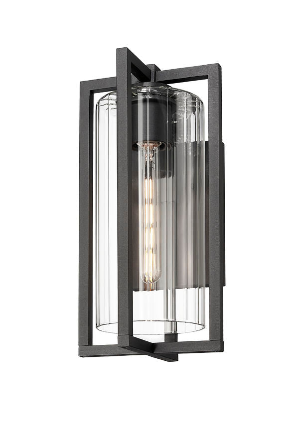 Z-Lite Aura 8" W x 17" H 1-Light Black Aluminum Outdoor Wall Light With Clear Ribbed Glass Shade