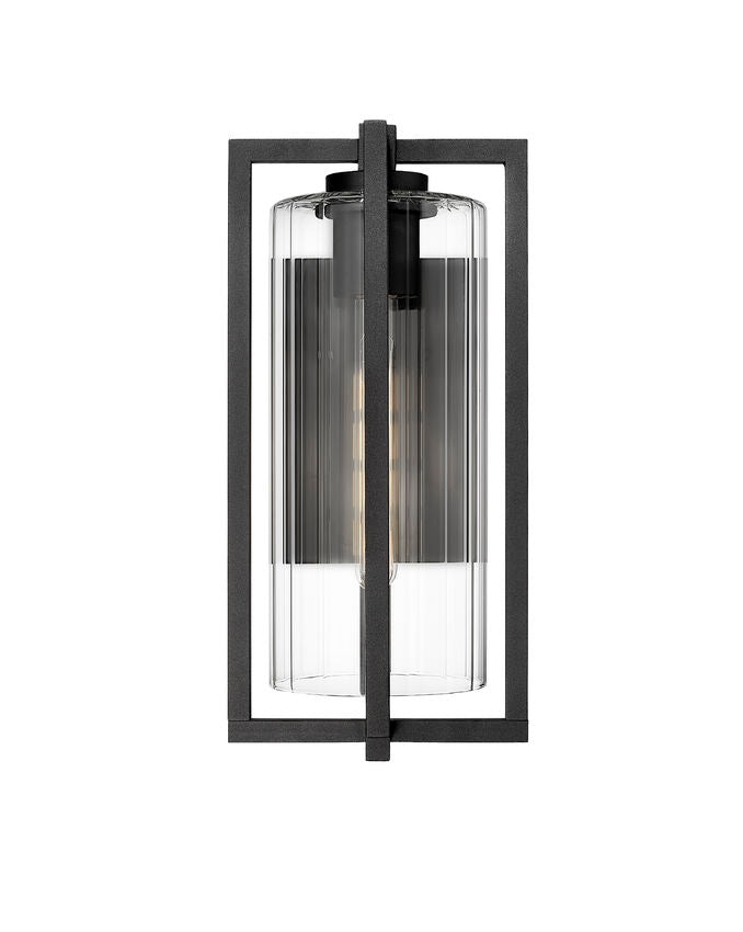 Z-Lite Aura 8" W x 17" H 1-Light Black Aluminum Outdoor Wall Light With Clear Ribbed Glass Shade