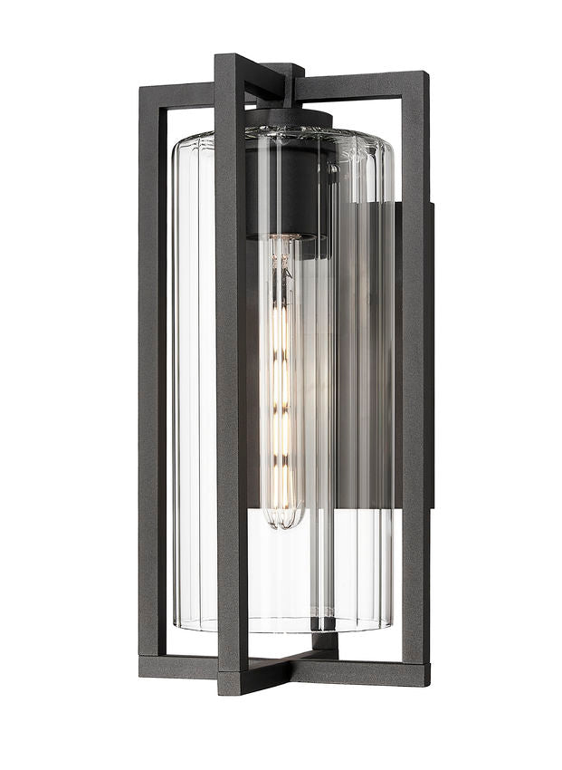 Z-Lite Aura 8" W x 17" H 1-Light Black Aluminum Outdoor Wall Light With Clear Ribbed Glass Shade