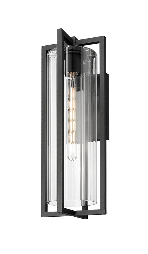 Z-Lite Aura 8" W x 22" H 1-Light Black Aluminum Outdoor Wall Light With Clear Ribbed Glass Shade