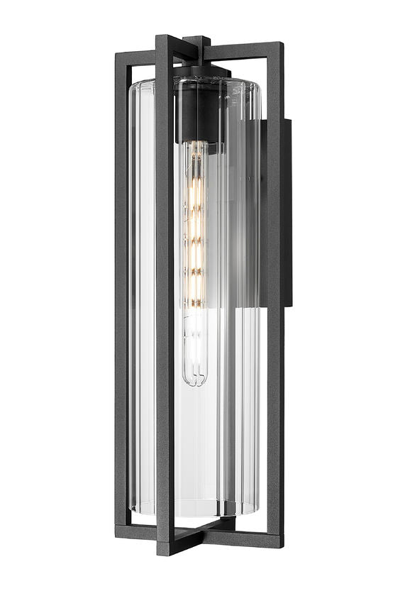 Z-Lite Aura 8" W x 22" H 1-Light Black Aluminum Outdoor Wall Light With Clear Ribbed Glass Shade