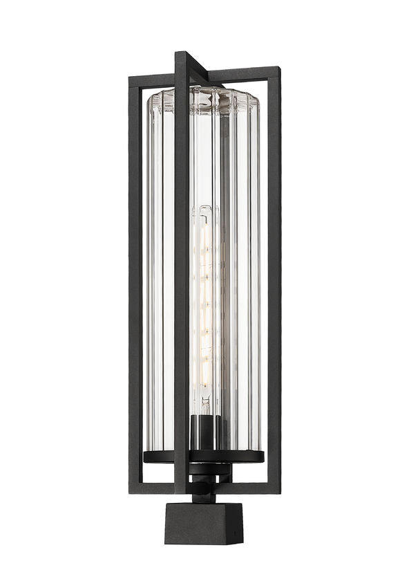 Z-Lite Aura 8" W x 25" H 1-Light Black Aluminum Outdoor Post Mount Fixture With Clear Ribbed Glass Shade