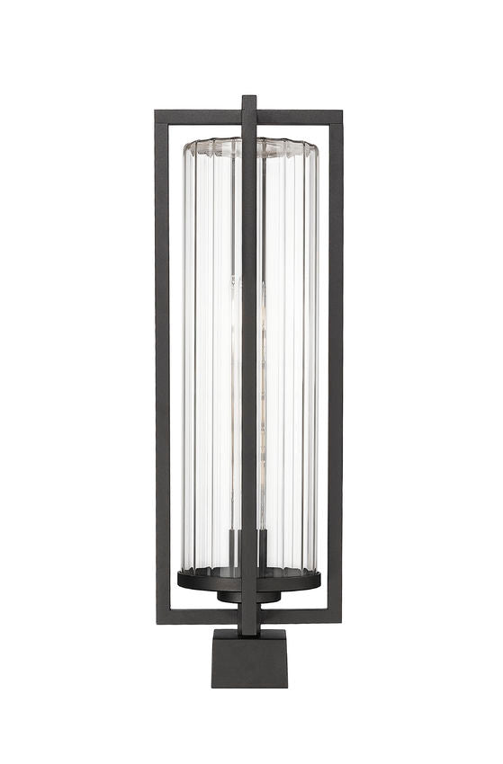 Z-Lite Aura 8" W x 25" H 1-Light Black Aluminum Outdoor Post Mount Fixture With Clear Ribbed Glass Shade
