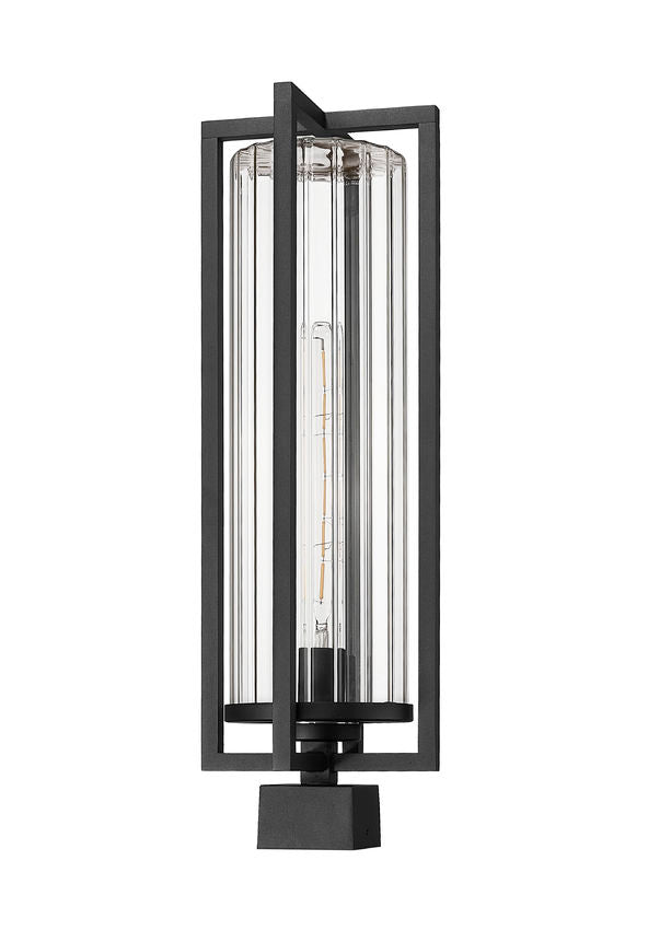 Z-Lite Aura 8" W x 25" H 1-Light Black Aluminum Outdoor Post Mount Fixture With Clear Ribbed Glass Shade