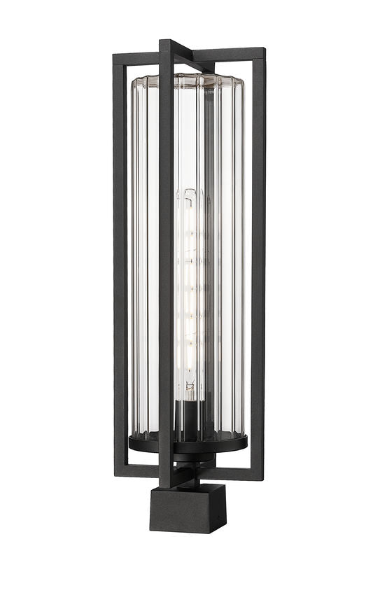 Z-Lite Aura 8" W x 25" H 1-Light Black Aluminum Outdoor Post Mount Fixture With Clear Ribbed Glass Shade