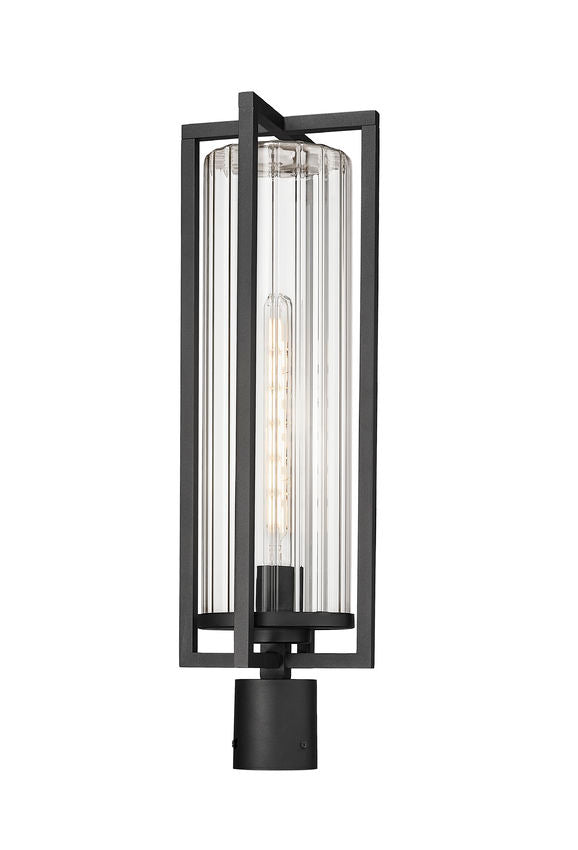 Z-Lite Aura 8" W x 26" H 1-Light Black Aluminum Outdoor Post Mount Fixture With Clear Ribbed Glass Shade