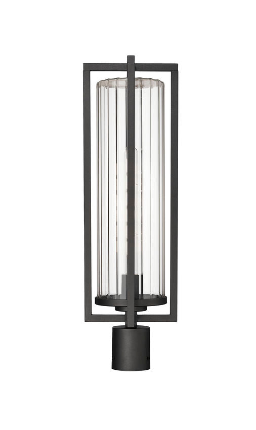 Z-Lite Aura 8" W x 26" H 1-Light Black Aluminum Outdoor Post Mount Fixture With Clear Ribbed Glass Shade