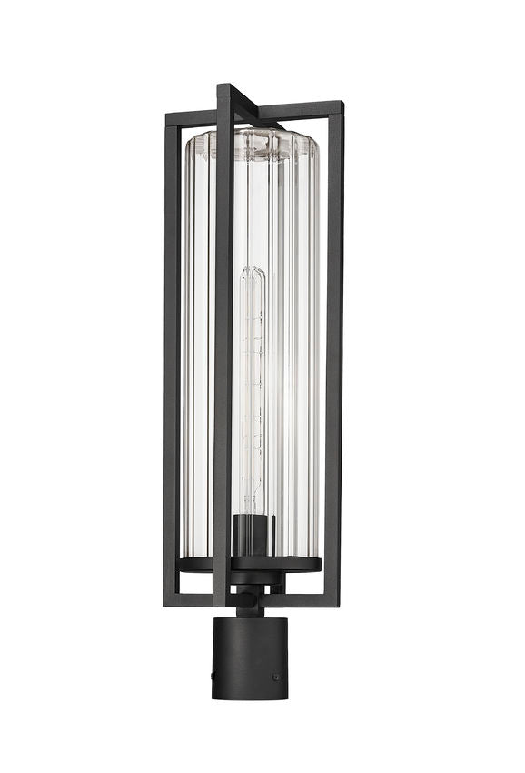 Z-Lite Aura 8" W x 26" H 1-Light Black Aluminum Outdoor Post Mount Fixture With Clear Ribbed Glass Shade