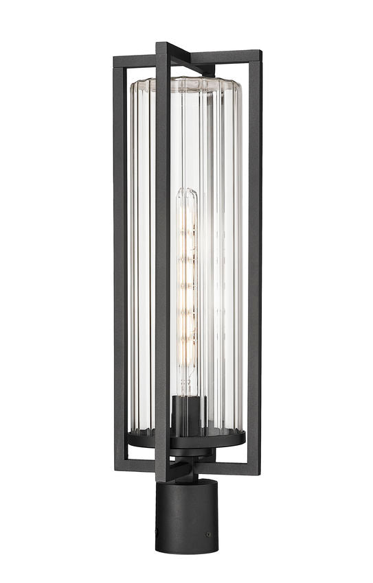 Z-Lite Aura 8" W x 26" H 1-Light Black Aluminum Outdoor Post Mount Fixture With Clear Ribbed Glass Shade
