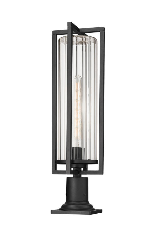 Z-Lite Aura 8" W x 28" H 1-Light Black Aluminum Outdoor Pier Mounted Fixture With Clear Ribbed Glass Shade