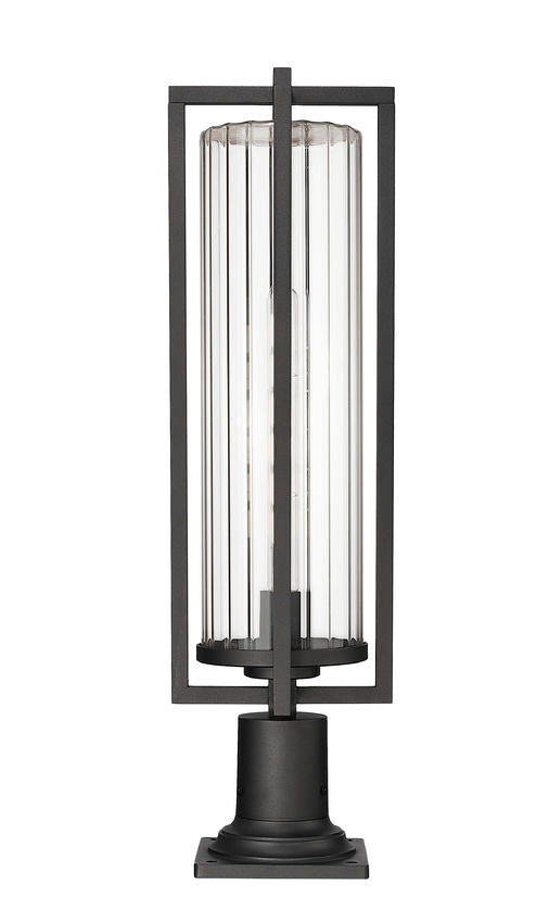 Z-Lite Aura 8" W x 28" H 1-Light Black Aluminum Outdoor Pier Mounted Fixture With Clear Ribbed Glass Shade
