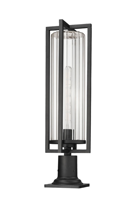Z-Lite Aura 8" W x 28" H 1-Light Black Aluminum Outdoor Pier Mounted Fixture With Clear Ribbed Glass Shade